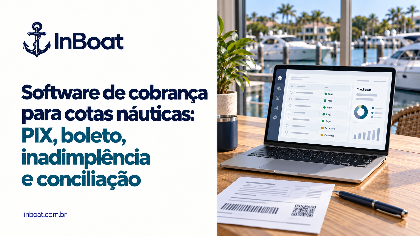 Software de cobrança para cotas náuticas: PIX, boleto, inadimplência e conciliação